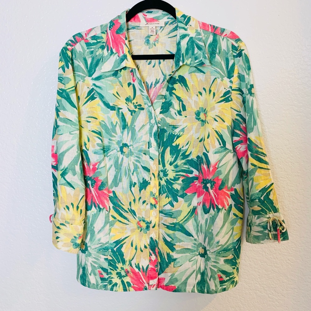 JM Collection Button Up Linen Shirt Size 14 Floral Tropical Vacation Breathable